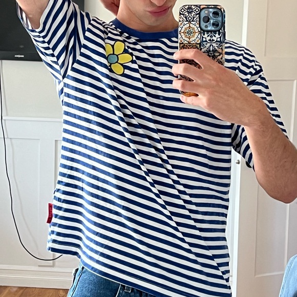 Blue and White Striped Shirt with Yellow Flower - Picture 2 of 3